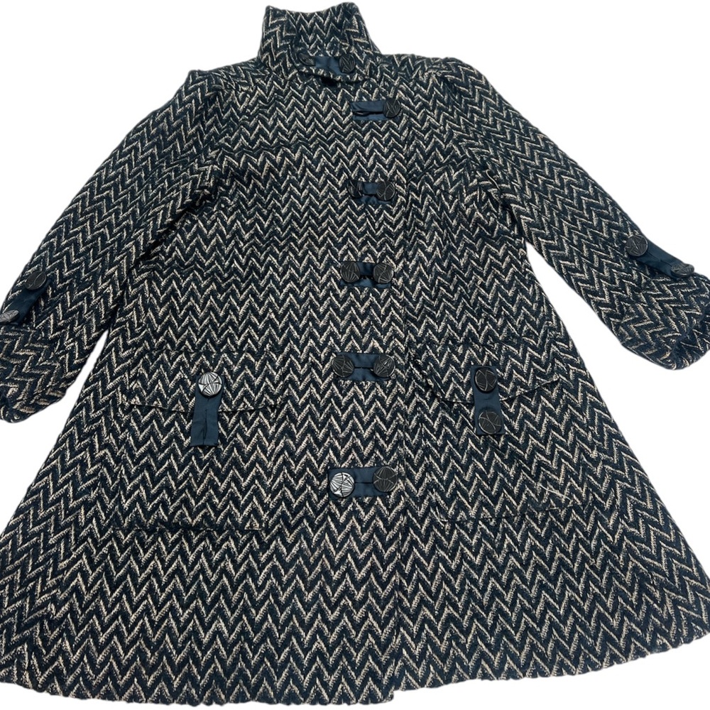 Diane Von Furstenberg Black and Cream Chevron Wool Pea Coat fabulous Y2K
